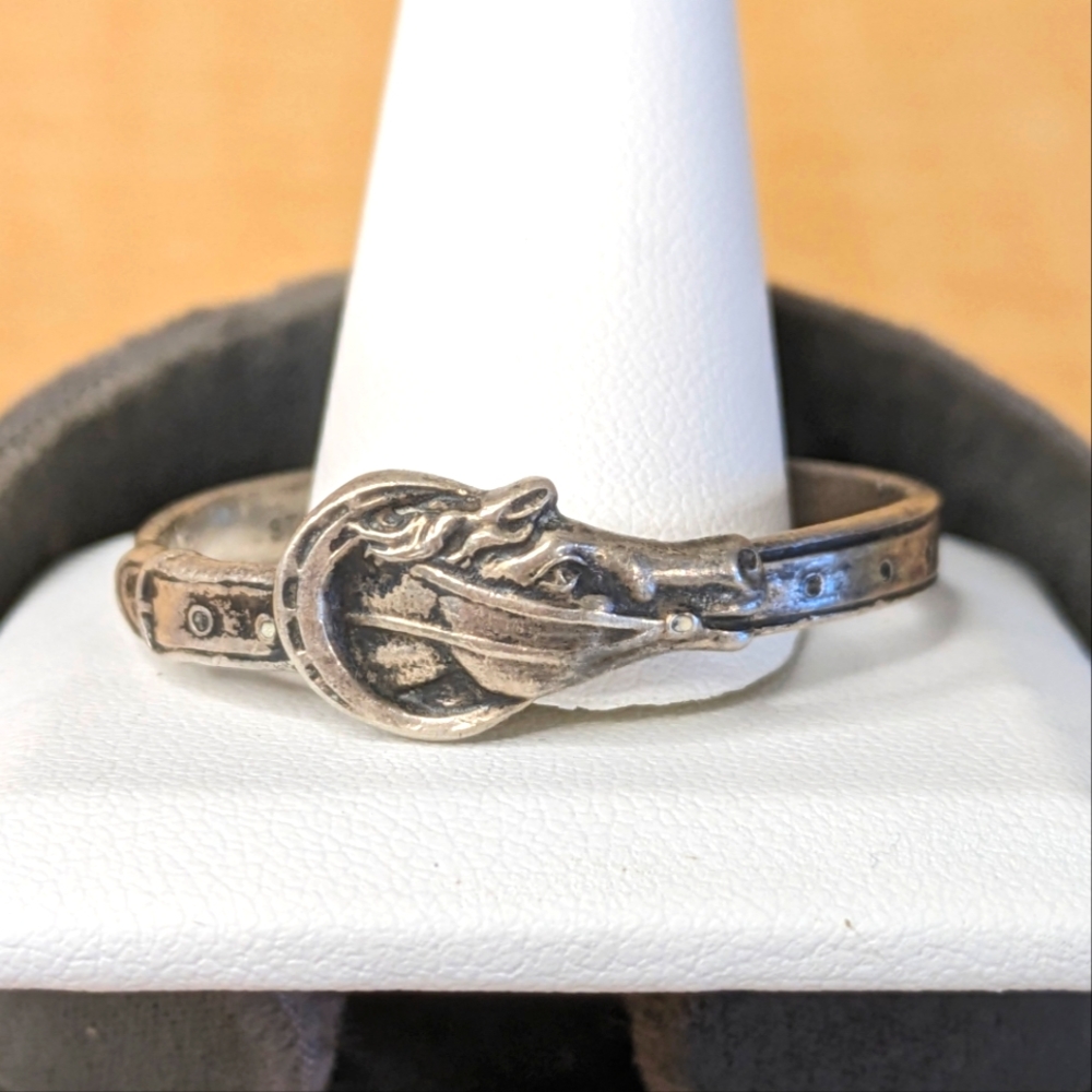 Vintage Sterling Silver Children's Bangle Bracelet with Horse and Belt Design